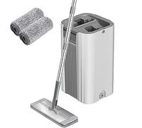 Mop and Buckets Sets with 2pcs Microfiber Mop Heads Flat Mop with Stainless Steel Handle Twin Chamber Bucket Wet & Dry Use Spin Mop Bucket for Hardwood Tile Laminate Floor Cleaning