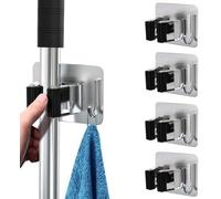 Mop Broom Holder Rack 4-Pack Black Self-Adhesive, Waterproof & Durable Stainless Steel Wall-Mounted Broom Brackets for Garage, Bathroom, Kitchen, and Utility Closet Storage