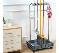 Mop Holder Cart with 10 Slots, Floor Standing Cleaning Caddy, Durable Janitorial Organizer with Silent Wheels, Space Saving Storage for Brooms and Tools