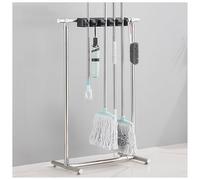 Mop Rack Broom Holder Garden Tool Organizer, Movable Closet Storage Cabinet Cleaning Tool Rack, Laundry Room Storage Shelf with Hooks, Metal Tool Stand Holder for Shed