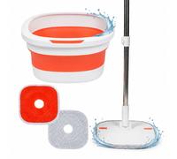 Relaxdays Mop Set, 3.8L collapsible bucket with wringer, H x W x D: 18 x 34.5 x 34.5 cm, 2 mop heads, white/orange