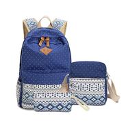 mophrati 3 Pieces Canvas Backpack Shoulder Pouch Organizer Set Zipper Daypack Ethnic School Bags Causal Students Rucksack Bag, Blue