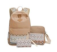 mophrati 3 Pieces Canvas Backpack Shoulder Pouch Organizer Set Zipper Daypack Ethnic School Bags Causal Students Rucksack Bag, Khaki