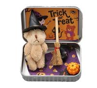 mophrati Halloween Bears In Iron Boxes Halloween Party Decor Little Bear In Box With Hat Mini Witcher Teddy Box Pumpkin Bear, khaki