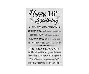 MOQIYXL Grandson 16th Birthday Card, Happy 16th Birthday Grandson Gifts Ideas, Small Engraved Wallet Card