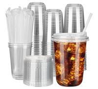 MOQRUAO 100 Sets 16oz Disposable Stemless Plastic Cups with Strawless Sip Lids, Clear PET Coffee Cups for Iced Coffee, Cold Drinks, Halloween, Christmas, Party and Drink Shop Supplies (Clear (16oz))