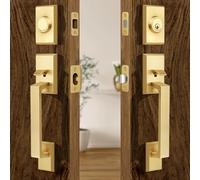 Moquin Double Front Door Lock Set, Brushed Gold Square Front Door Hardware Set with Dummy, Heavy Duty Door Handle with Deadbolt, Stain Brass Double Entry Door Lock Set with Reversible Handle