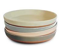 Mora Ceramic Flat Pasta Bowl Set of 4-35oz, Microwave Safe Plate with High Edge for Kitchen and Eating, Large Wide Bowls/Plates for Serving Dinner, Salad, etc- Neutrals