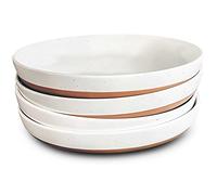 Mora Ceramic Flat Pasta Bowl Set of 4 - 35oz, Microwave Safe Plate with High Edge - Modern Porcelain Dinnerware for Kitchen and Eating, Large Wide Bowls/Plates for Serving Dinner, Salad, etc- Vanilla