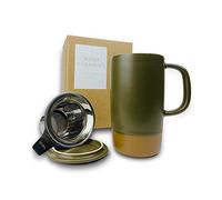 Mora Ceramics Large Tea Mug with Loose Leaf Infuser and Ceramic Lid, 18 oz, Portable, Microwave and Dishwasher Safe, Tall Coffee Cup - Rustic Matte Ceramic Glaze, Modern Herbal Tea Strainer, Olive