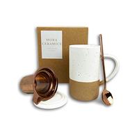 Mora Ceramics Tea Cup with Loose Leaf Infuser, Spoon and Lid, 12 oz, Microwave and Dishwasher Safe Coffee Mug - Rustic Matte Ceramic Glaze, Modern Herbal Tea Strainer - Great Gift for Women, Petro