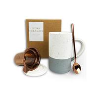Mora Ceramics Tea Cup with Loose Leaf Infuser, Spoon and Lid, 12 oz, Microwave and Dishwasher Safe Coffee Mug - Rustic Matte Ceramic Glaze, Modern Herbal Tea Strainer - Great Gift for Women, Flint