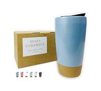 Mora Double Wall Ceramic Coffee Travel Mug with Lid, 14 oz, Portable, Microwave, Dishwasher Safe, Insulated Reusable Tall Cup, Splash Resistant Lid - To Go Tumbler for Car Cup Holder, Dusty Blue