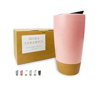 Mora Double Wall Ceramic Coffee Travel Mug with Lid, 14 oz, Portable, Microwave, Dishwasher Safe, Insulated Reusable Tall Cup, Splash Resistant Lid - To Go Tumbler for Car Cup Holder, Pink Salt