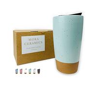 Mora Double Wall Ceramic Coffee Travel Mug with Lid, 14 oz, Portable, Microwave, Dishwasher Safe, Insulated Reusable Tall Cup, Splash Resistant Lid - To Go Tumbler for Car Cup Holder, Seafoam