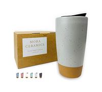 Mora Double Wall Ceramic Coffee Travel Mug with Lid, 14 oz, Portable, Microwave, Dishwasher Safe, Insulated Reusable Tall Cup, Splash Resistant Lid - To Go Tumbler for Car Cup Holder, Overcast Grey