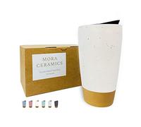 Mora Double Wall Ceramic Coffee Travel Mug with Lid, 14 oz, Portable, Microwave, Dishwasher Safe, Insulated Reusable Tall Cup, Splash Resistant Lid - To Go Tumbler for Car Cup Holder, Cotton White