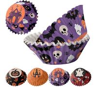 MORAINJAY 100pk Halloween Cupcake Cases,Standard Cupcake Liners,Muffin Liners Baking Cups,Purple Castle Wrappers Paper Halloween Cake Decorations for Trick or Treat Theme Party Supplies