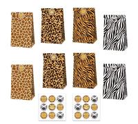 MORAINJAY 12 Pcs Anima Paper Goodie Bags, Leopard Tiger Giraffe Zebra Gift Treat Paper Bags, Safari Theme Party Favour, Boys and kids Birthday Party Supplies (18 Stickers)
