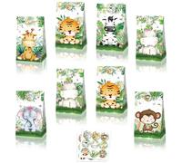 MORAINJAY 12 Pcs Jungle Animal Party Bags, Zoo Animals Paper Goodie Bags for Kids Birthday, Safari Theme Party Favour, Gift Treat Bags, Boys and Girls Party Supplies (18 Stickers)