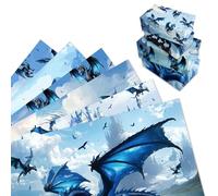 MORAINJAY 12 Sheets Dragon Wrapping Paper, Blue Flying Dragon Gift Wrap, Boys Kids Birthday Decorations Supplies, 68 x 50 cm, 12 Folded Sheets