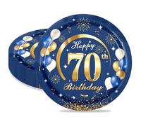 MORAINJAY 16 Pieces Plates for 70th Birthday Party, 9 Inches/23 cm Blue Gold Paper Plate Dessert Tray for Birthday Decoration Men and Women