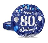 MORAINJAY 16 Pieces Plates for 80th Birthday Party, 7 Inches/18 cm, Blue, Silver, Paper Plate, Dessert Plate, Tableware for 80th Birthday Decoration, Men and Women