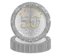 MORAINJAY 16pc 7" Silver Glitter Birthday Paper Plates for 50th Party, Small Round Dessert Plates, Biodegradable, Disposable