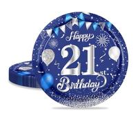 MORAINJAY 16pc Navy Blue Silver 7in Paper Plates for 21st Birthday Party, Small Plates for Him & Her