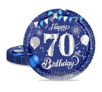 MORAINJAY 16pc Navy Blue Silver 7in Paper Plates for 70th Birthday Party, Small Plates for Men, Women, Him, Her