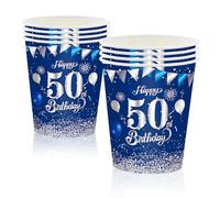 MORAINJAY 16Pcs 50th Birthday Cups - 50,9oz/250ml Navy Blue Silver Paper Cups for Party, Men Women Her Him - Party Supplies Table Decor