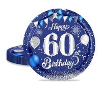 MORAINJAY 16pcs 7in Paper Plates for 60th Birthday Party, Navy Blue Silver, Perfect for Men, Women & Him