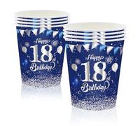 MORAINJAY 16Pcs Birthday Cups for 18,9oz/250ml Navy Blue Silver Paper Cups for 18th Birthday Party,Party Cups for Men Women Her Him,Birthday Party Supplies Table Decor