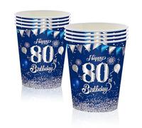 MORAINJAY 16Pcs Birthday Cups for 80,9oz/250ml Navy Blue Silver Paper Cups for 80th Birthday Party,Party Cups for Men Women Her Him,Birthday Party Supplies Table Decor
