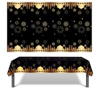 MORAINJAY 2P Eid Tablecloth,130*220cm Ramadan Mubarak Waterproof Table Cloth,Black Gold Star Moon Table Cover for Islam Muslim Eid Party,Eid Decorations Party Supplies