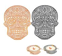 MORAINJAY 2p Skull Halloween Placemats, PVC Table Mats 31x38cm Orange & Black, Washable Heat Resistant Non-Slip Hollow for Party Dining Decor