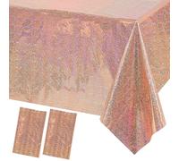 MORAINJAY 2Pcs Rose Gold Iridescent Party Tablecloths,137x274cm Shiny Table Cloths,Holographic Foil,Glitter Diamond Plastic Rectangle Table Cover for Wedding,Garden,Birthday Party Decorations