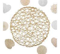 MORAINJAY 2pk PVC Placemats,Modern Simple Place Mats for Dining Table,Gold Round Grass Weaving Vinyl Hollow Table Mats Waterproof Oil Non-Slip Washable Heat for Kitchen Home Wedding Christmas Decor