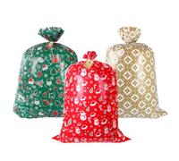 MORAINJAY 3 Pcs Large Christmas Sacks, Extra Large Xmas Santa Sacks | Red Green Gold Plastic Xmas Sacks, Drawstring and Tags, Giant Presents, Christmas Wrapping, 91 x 142 cm