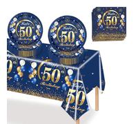 MORAINJAY 37Pcs Birthday Tableware Set for 50,Navy Blue Gold Tableware Set for 50th Birthday Party with Plates,Napkins,Tablecloth,Dinnerware Set for 50,Party Supplies Table Decor for Him,Men,Adults
