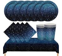 MORAINJAY 53P Dark Blue Party Tableware Set,Space Galaxy Birthday Party Decorations with Tablecloth,Plates,Cups,Napkins,Galaxy Paper Dinnerware Set Supplies 16 Guests