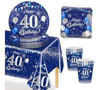 MORAINJAY 53Pcs Birthday Tableware Set for 40,Navy Blue Silver Tableware Set for 40th Birthday Party with Plates,Napkins,Tablecloth,Dinnerware Set for 40,Party Supplies Table Decor for Him,Men,Adults
