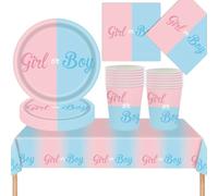 MORAINJAY 53Pcs Gender Reveal Party Tableware Set,Boy or Girl Baby Reveal Decorations with Paper Plates Napkins Cups Tablecloth,Baby Shower Party Supplies - 16 Guests