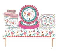 MORAINJAY 53Pcs Tea Party Tableware Set,Floral Birthday Table Decorations with Tablecloth,Plates,Cups,Napkins,Paper Dinnerware Set for Wedding,Afternoon Tea Party Supplies 16 Guests