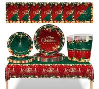 MORAINJAY 69P Christmas Tableware Set for 16 Guests,Red Green Xmas Paper Dinnerware with Plates,Cups, Napkins,Tablecloth Christmas Table Decorations,Xmas Party Supplies