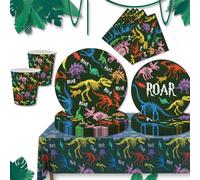 MORAINJAY 69P Dinosaur Party Tableware Set for Boys,Birthday Table Decors for Kids with Paper Plates Cups Napkins Tablecloth,Dinosaur Theme Party Supplies for 16 Guests