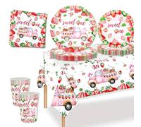 MORAINJAY 69P Strawberry Party Tableware Set for Girls,Birthday Table Decors for Kids with Paper Plates Cups Napkins Tablecloth,Strawberry Theme Party Supplies for 16 Guests