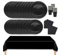 MORAINJAY 69Pcs Party Tableware Set,Black Dinnerware Set with Plates,Tablecloth,Napkins,Cups,Solid Color Table Decorations for Birthday,Wedding,Picnic,Baby Shower,Party Supplies for 16 Guests