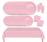 MORAINJAY 69Pcs Party Tableware Set,Pink Dinnerware Set with Plates,Tablecloth,Napkins,Cups,Solid Color Table Decorations for Birthday,Wedding,Picnic,Baby Shower,Party Supplies for 16 Guests