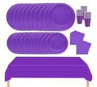 MORAINJAY 69Pcs Party Tableware Set,Purple Dinnerware Set with Plates,Tablecloth,Napkins,Cups,Solid Color Table Decorations for Birthday,Wedding,Picnic,Baby Shower,Party Supplies for 16 Guests